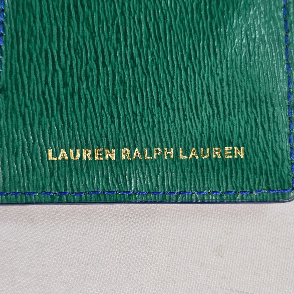 Lauren Ralph Lauren Green Textured Leather Slim Bifold Wallet Blue Stitching - Picture 9 of 10